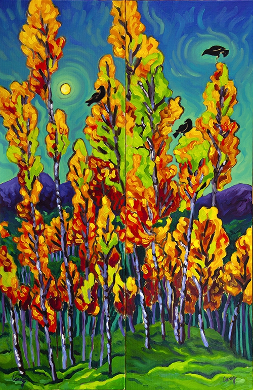 Click here to view Harvest Moon Aspens left and right by Cathy Carey